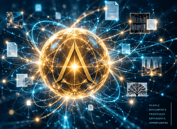 Golden intelligence core surrounded by cyan connections, illustrating organizational knowledge becoming connected
